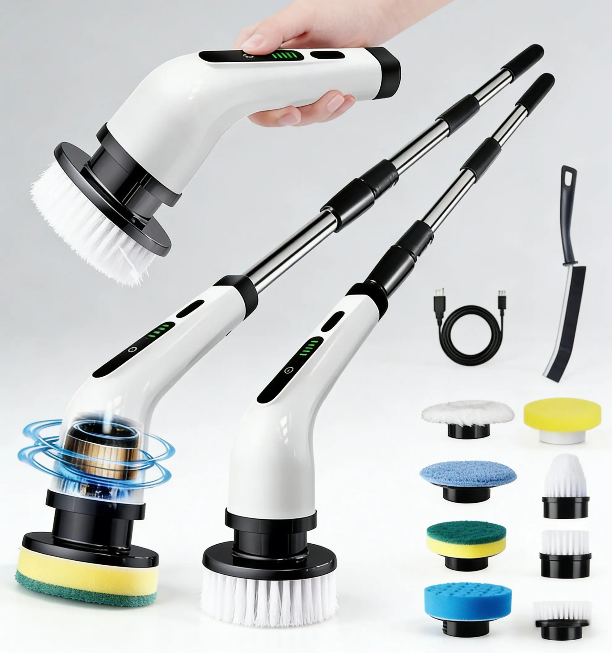 9-in-1 Rechargeable Cordless Electric Spin Scrubber - Adjustable Power Cleaning Brush, Waterproof Specialty Kitchen Utensil for Kitchen