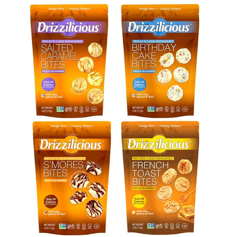 Drizzilicious Mini Rice Cakes 4 Pack – Salted Caramel, Birthday Cake, S’mores & French Toast | 4 oz Bags | Low-Calorie Vegan Snack with Superfoods