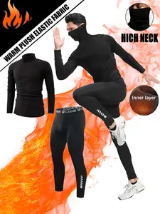 Men's Warm Underwear Sports Set, Fleece High Neck Long Sleeve + Tight Pants, Elastic Compression Breathable Quick Dry Fabric Sports Leggings