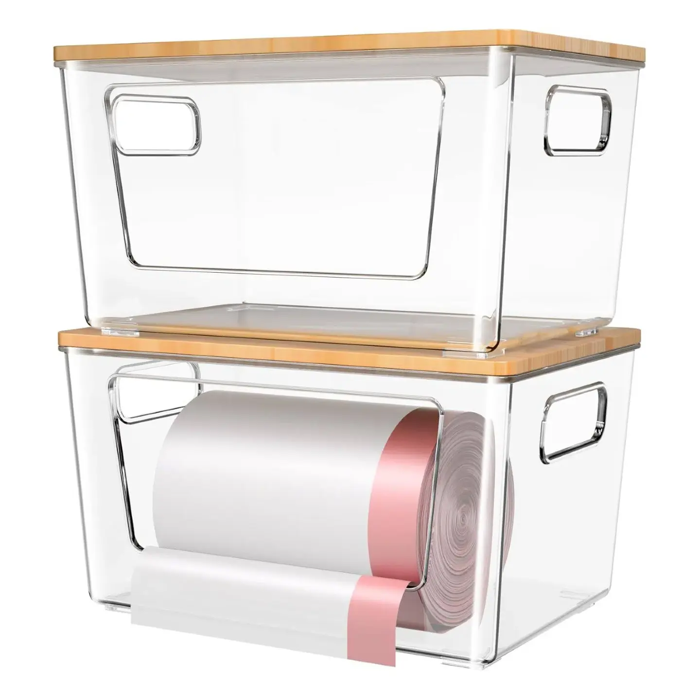 2 Pack Bamboo Lid Trash Bag Holder with Rubber Cover - Stackable Garbage Can Organizer, Extra Large Dispenser for Kitchen Trashcan, Under Sink Storage; Home Organization Ideas Essential