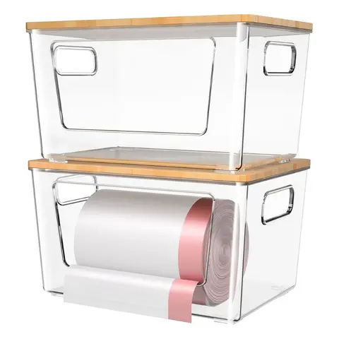 2 Pack Stackable Trash Bag Holder with Bamboo Lid, Extra Large Garbage Bag Dispenser for Under Sink Kitchen & Laundry Room Storage