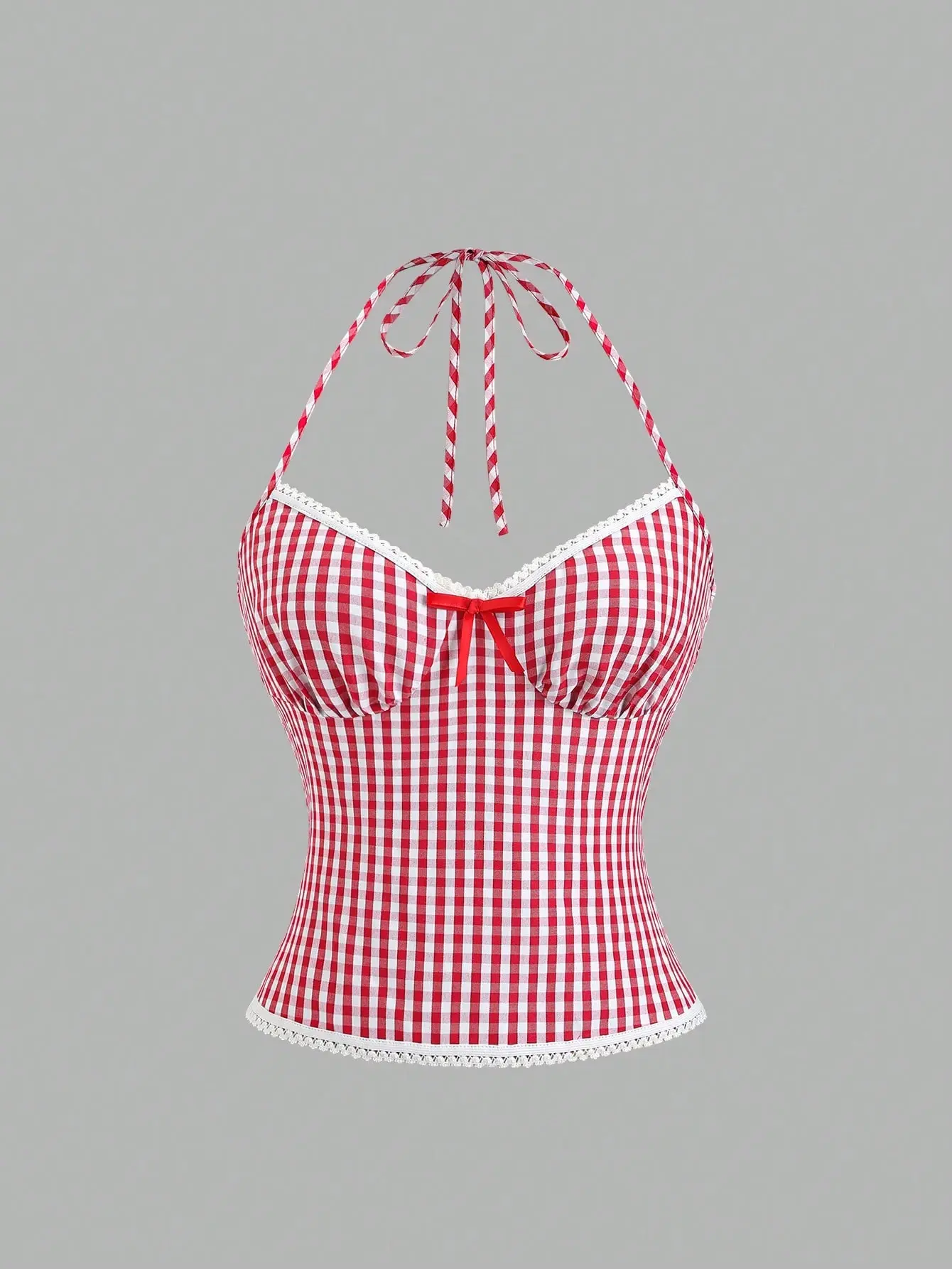 LALUZ Red And White Plaid Bow Trim Halter Neck Tank Top Vacation Summer Vintage Crop Top Y2K Fashion
