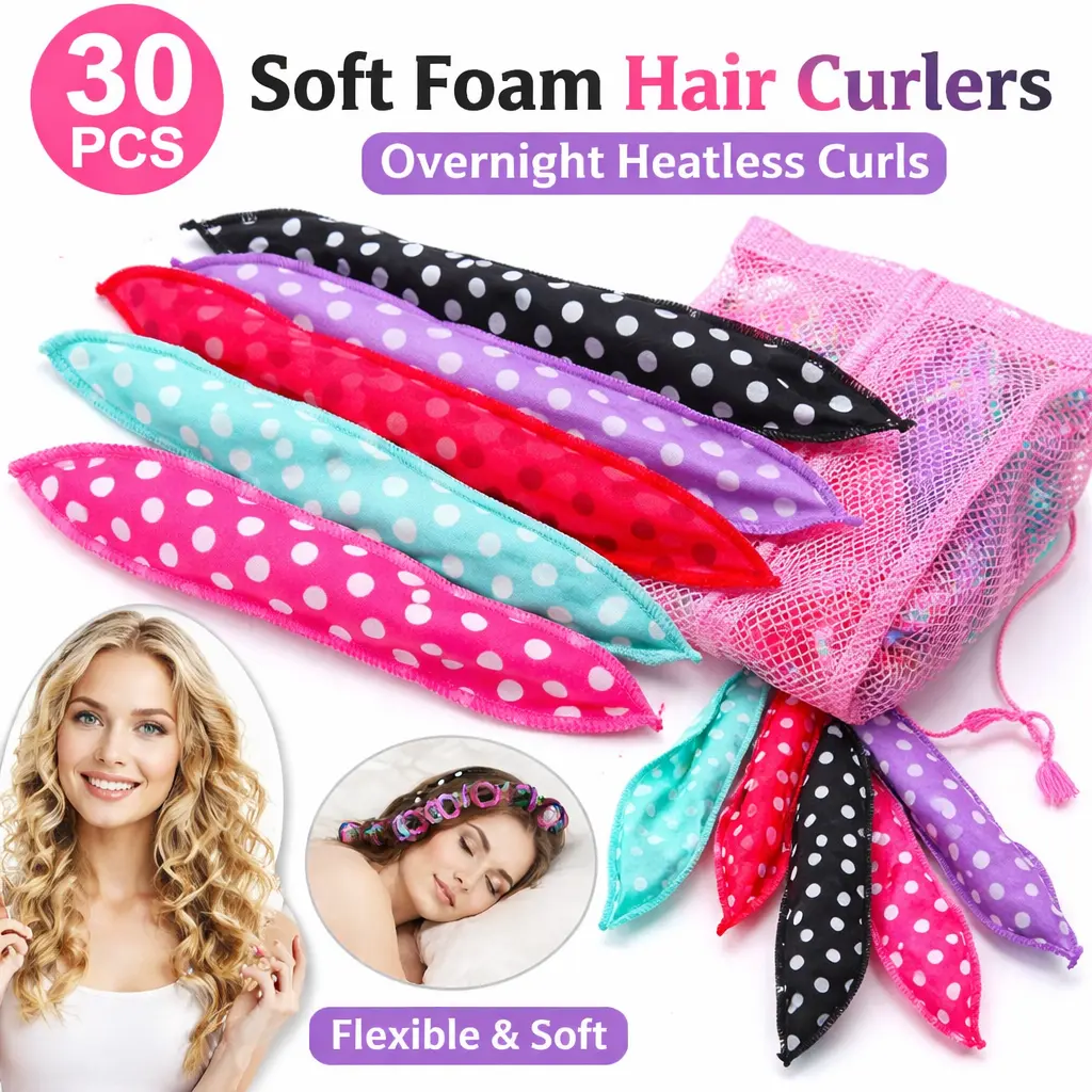 30-Piece Soft Foam Hair Curlers - Pillow-Shape No-Heat Curlers, Comfortable to Sleep On for Sleepovers, Flexible Sponge Rollers with Storage Bag, Mid-Year Sale Deals for Endless Styles
