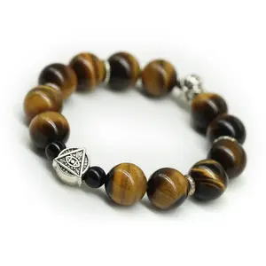 12mm Tiger Eye & 6mm Obsidian Bracelet for Men & Women Handwoven Natural Gemstone Healing Energy Adjustable Silver Pendant Jewelry