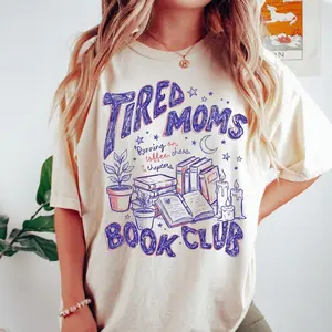 Tired Moms Book Club T-Shirt, Retro Book Lover Graphic Tee, Mom Life T Shirt, Trendy Doodle Bookish Tee, Bookworm Shirt