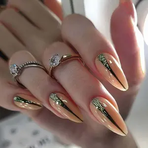 24pcs Long Almond Shape Nail Tips, Nude Color with Lines & Silver Glitter Accents, Easy Wear Glossy False Nails for Women