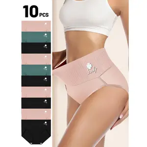 QUASTI 10pcs/3 Mix Colors Lady's High-Waisted Seamless Tummy Control Panties - Polyester Breathable Stretchy Fabric, High Elasticity Minimalist Soft Everyday Intimates (S-XXL)