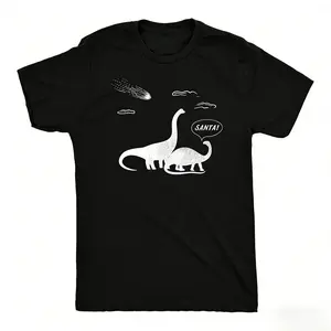 funny dinosaur santa asteroid christmas tshirt, retro dino humor oversized graphic tee, men's holiday meme streetwear casual cotton top, unique xmas gift shirt