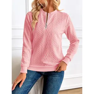 Chic Women's Half Zip Pullover Sweater-Elegant Solid Color, Long Sleeve, Textured Twisted Knit, Polyester Blend, Machine Washable, Perfect for Spring and Autumn Hoodie Sweatshirts