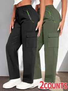2-pack women’s lightweight cargo pants with multiple pockets, including zippered pockets, stylish large patch pocket design, drawstring elastic waistband, casual outdoor long pants.