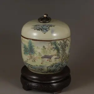 Faux Antique Porcelain Tea Canister by Jurentang with Green Powder Color and Mountain Water Design - Ideal for Home Décor Collection