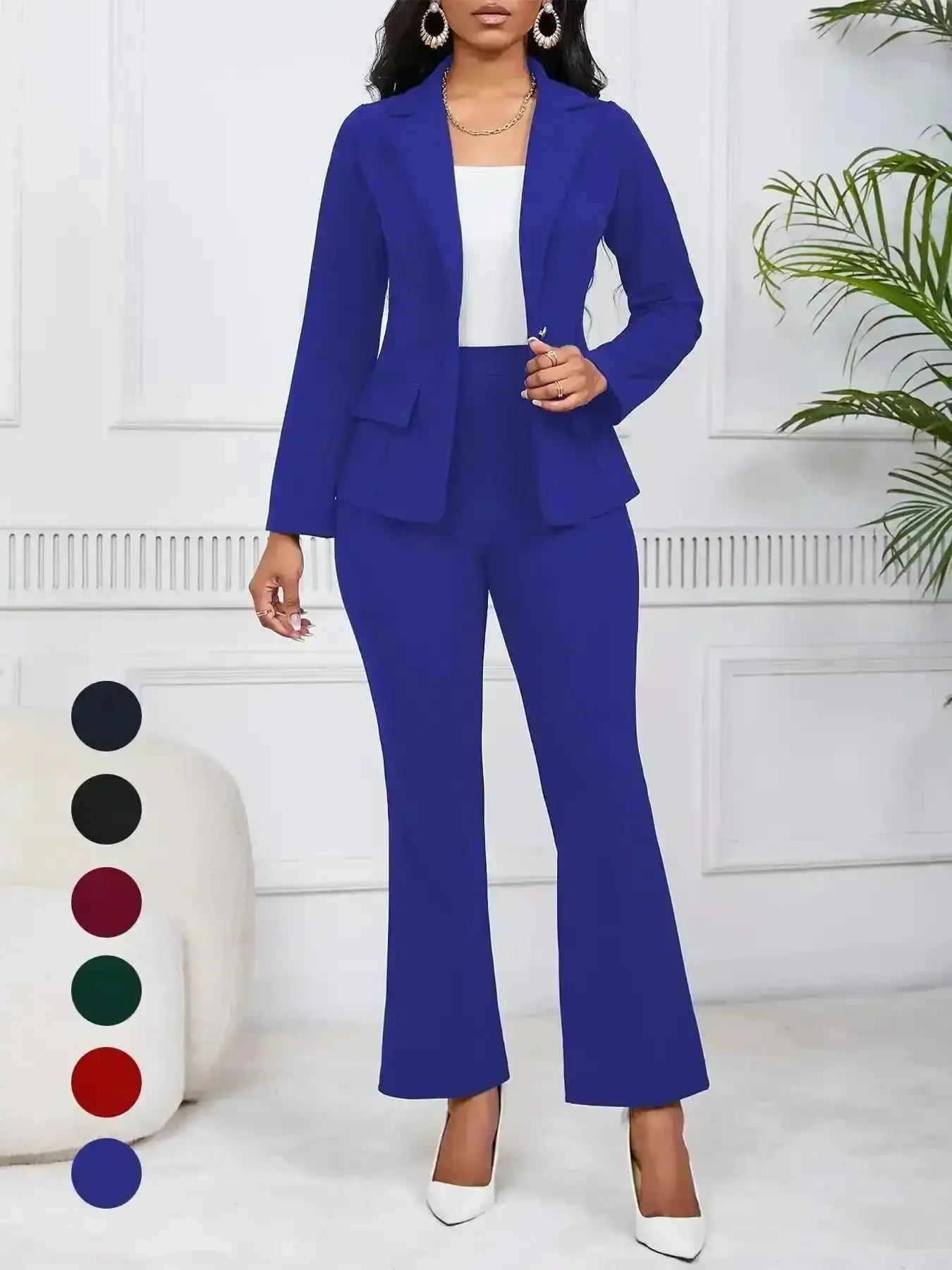 Versatile Women's Solid Color Lapel Neck Blazer Trouser Two-piece Set Casual Fitted Two Piece Daily Outdoor Wear Ladies Clothes All Seasons Women Suits Business Attire Formal Workwear Suit, Curvy Fit, Flexible Fit