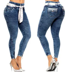 W 50-467  Buttlifting Colombian Jeans Color Blue with Ringstons