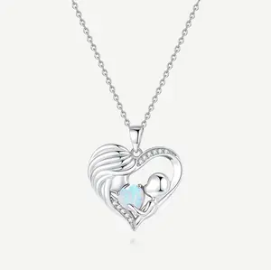 Mother and Child Love Heart Necklace in Sterling Silver with Opal