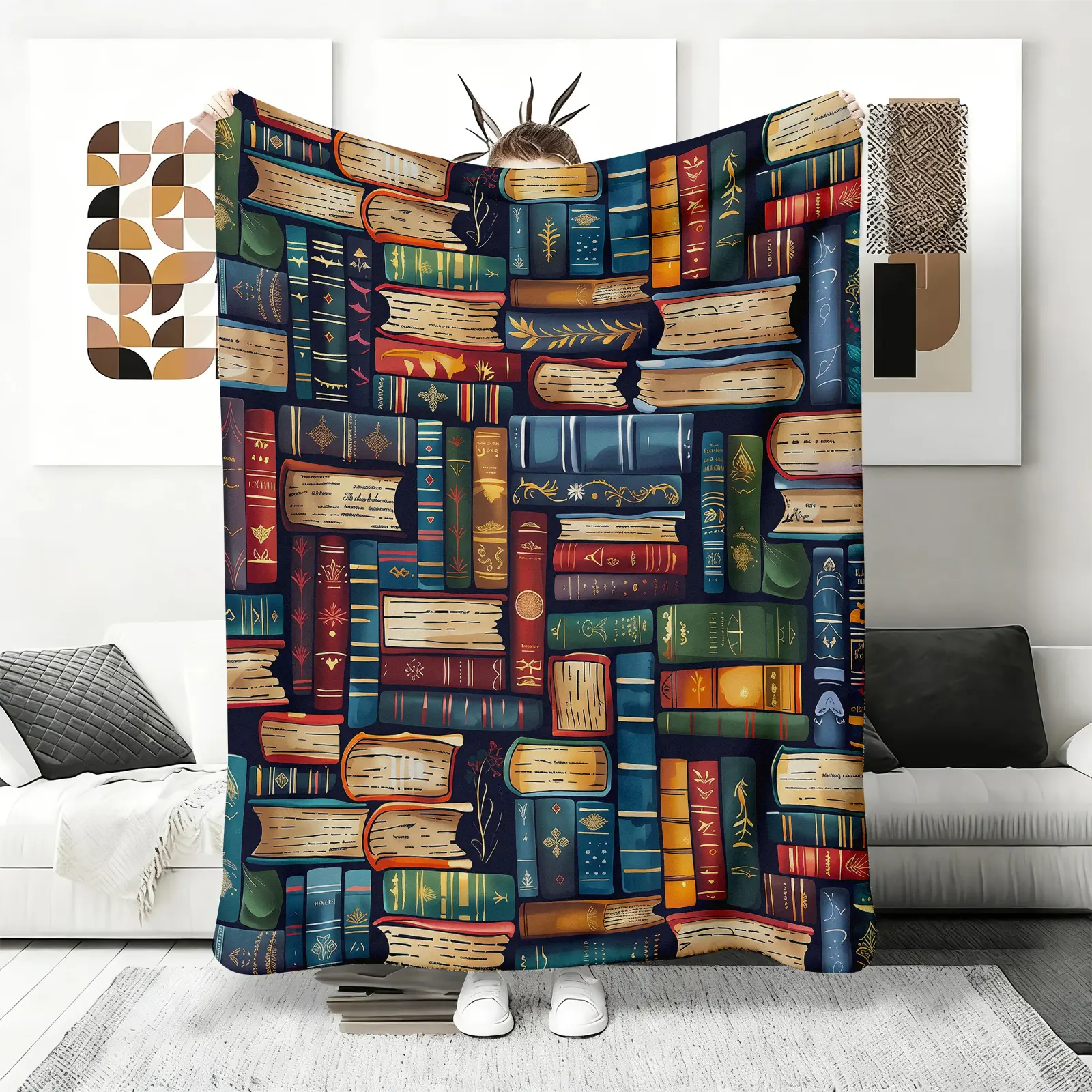 Colorful Vintage Book Stack Flannel Blankets, Whimsical Library Print Fleece Throw, Cozy Gift for Book Lovers, Soft Plush Reading Nook Blanket for Adults,Perfect Novelty Gift for Friends Fans Adults Women Men Vintage Style,bedding, mellow blanket