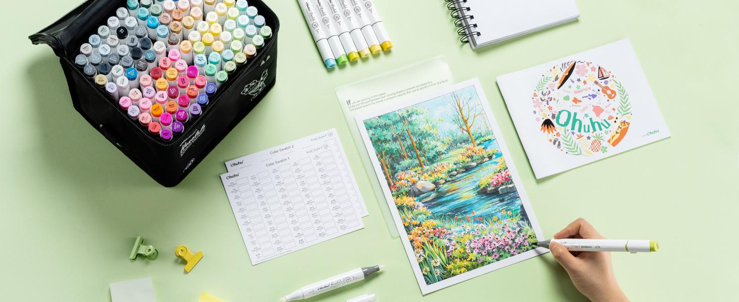 Ohuhu Alcohol Markers: Brush & Chisel / Fine - 120 Colors -Double Tipped Art Marker Set for Artist Adults Coloring Illustration - Refillable Alcohol-based Ink - Honolulu & B Series of Ohuhu - Women's Day Gift