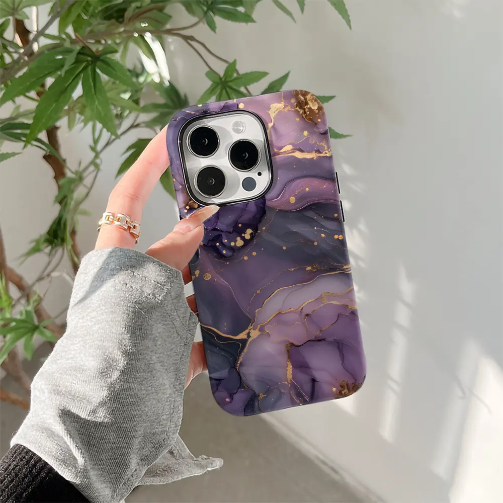 Purple Marble Prints Golden Glitters Two-In-One Film Case - Tough, Dual Layered Case for Superior Protection, Durable, Drop-proof - for iPhone 17 Air 16 15 14 Pro MAX 13 12 11 Plus X Xs Max XR 8 7, Perfect Birthday