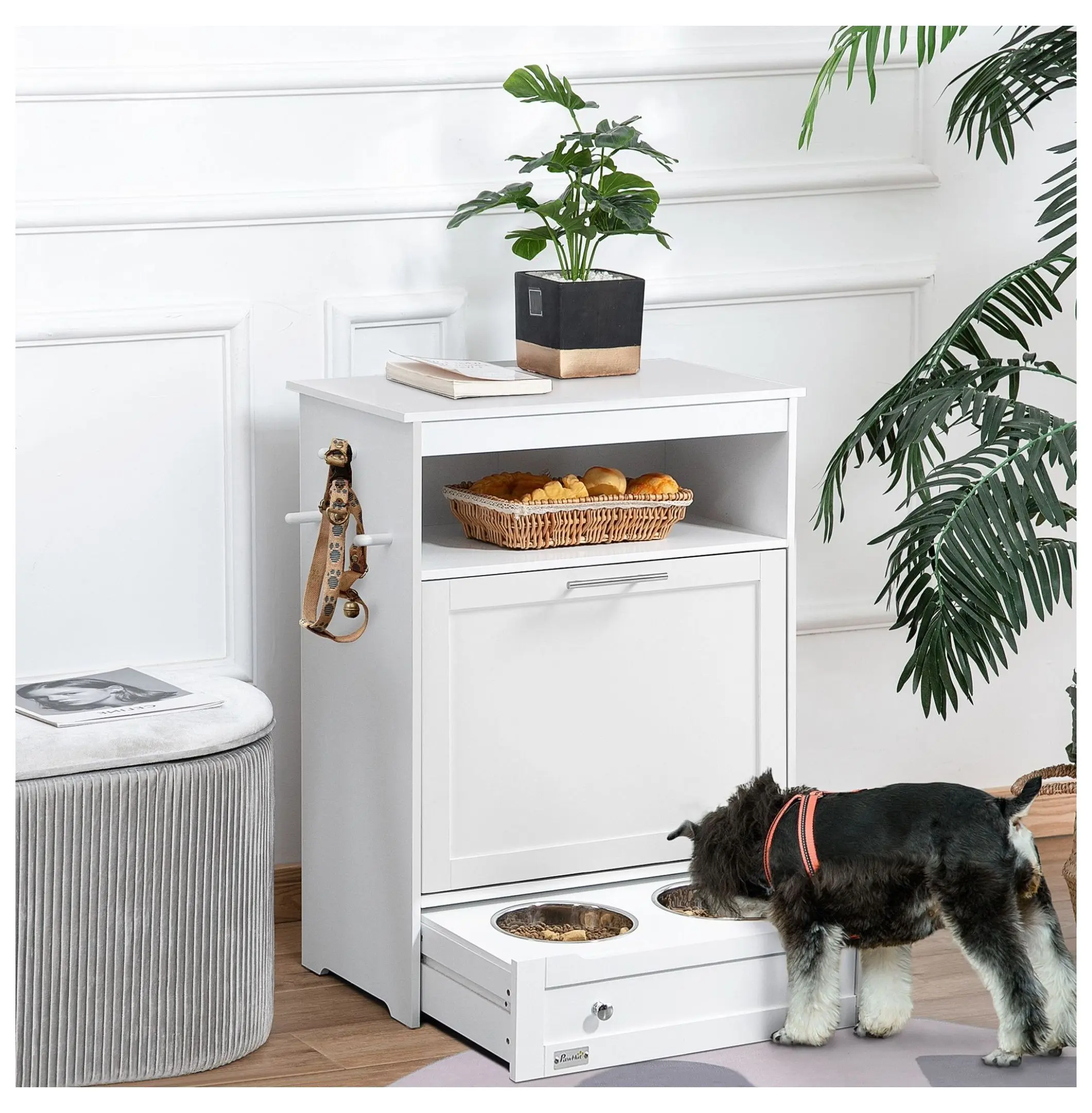 White Neutral MDF Board Pet Feeder Station for Small-Medium Dogs & Cats, Space Saving Furniture with 22 lbs (Compartment) Food Storage Cabinet, Raised Bowls, 44 lbs (Countertop) Capacity, 24in (L) x14in (W) x32.25in Leash & Treat Organizer, 24 Inches (L),