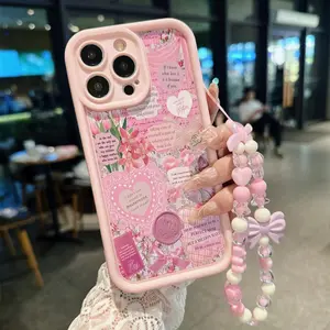Cute Phone Case with Beaded Chain, Fashion Phone Protective Cover, Protector, Phone Accessories Compatible with iPhone 11 12 13 14 15 Pro Max, Casing