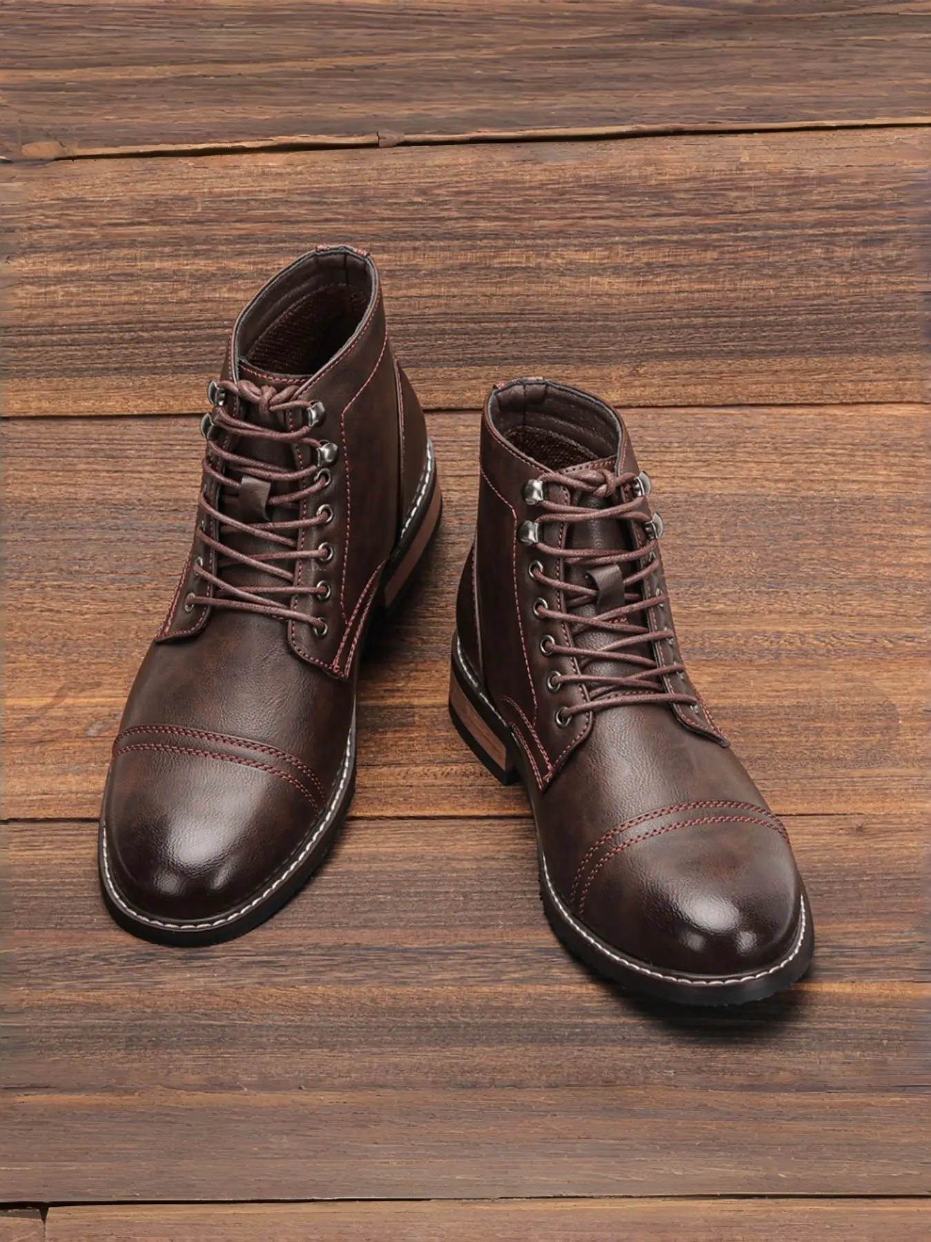 Men's Vintage Casual Lace-Up Work Boots, PU Leather Upper, Metal Eyelets, Durable Rubber Sole, Spring & Fall Fashion, Workwear Boots