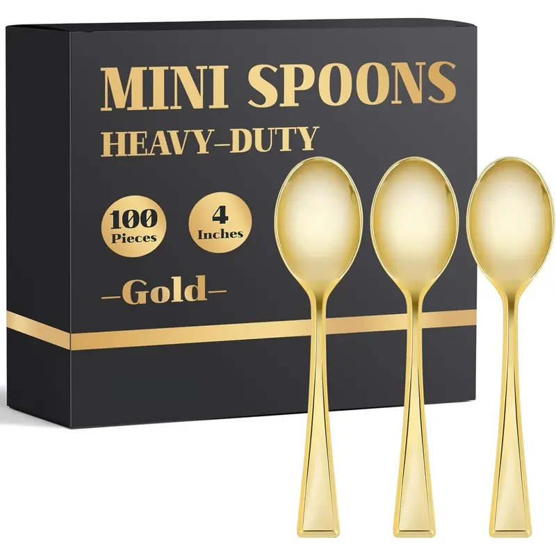 Disposable Plastic Spoons Set, 100-Piece BPA-Free 4-Inch Sturdy Heavy-Duty Cutlery with Scratch-Resistant Bright Finish Tableware for Weddings, Anniversaries, Desserts