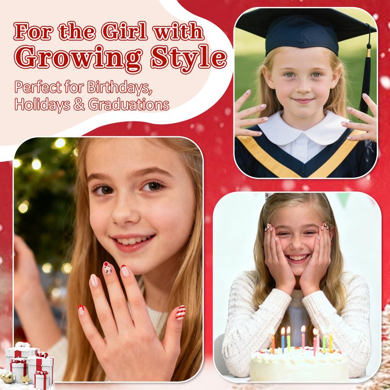 Qiek Press on Nails Kit for Kids, 4 pack 16 Sizes 128 Pieces Kid Fake Nail Kit Colorful Flower Almond Fake Nail Tips for Girls 8-12 Years Old with Jelly Nail Adhesives & Nail Builder Glue Birthday Gifts Holiday Haul