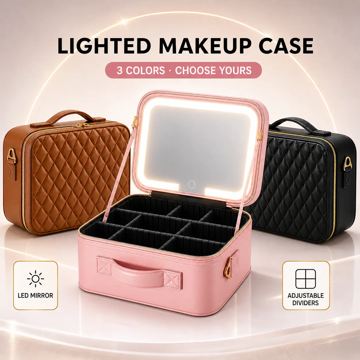 LED Makeup Bag with Light Up Mirror, 10in/12in Travel Cosmetic Case with Rechargeable Vanity Mirror, 3 Color Dimmable Lights, Adjustable Dividers, Waterproof PU Leather Makeup Organizer for Travel & Home, Perfect Gift for Women