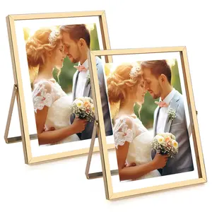 2 Pack Light Gold 6x8 Metal Floating Picture Frames, Real Glass Vertical Tabletop Frame with Pull-Out Easel, Fits 4x6 5x7 Photos