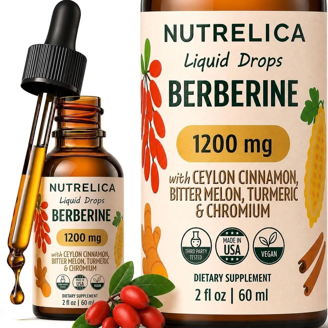 Berberine Complex with Ceylon Cinnamon, Bitter Melon, Turmeric & Chromium -1200mg - Liquid Herbal Supplement - Vegan, No Sugar, Non-GMO