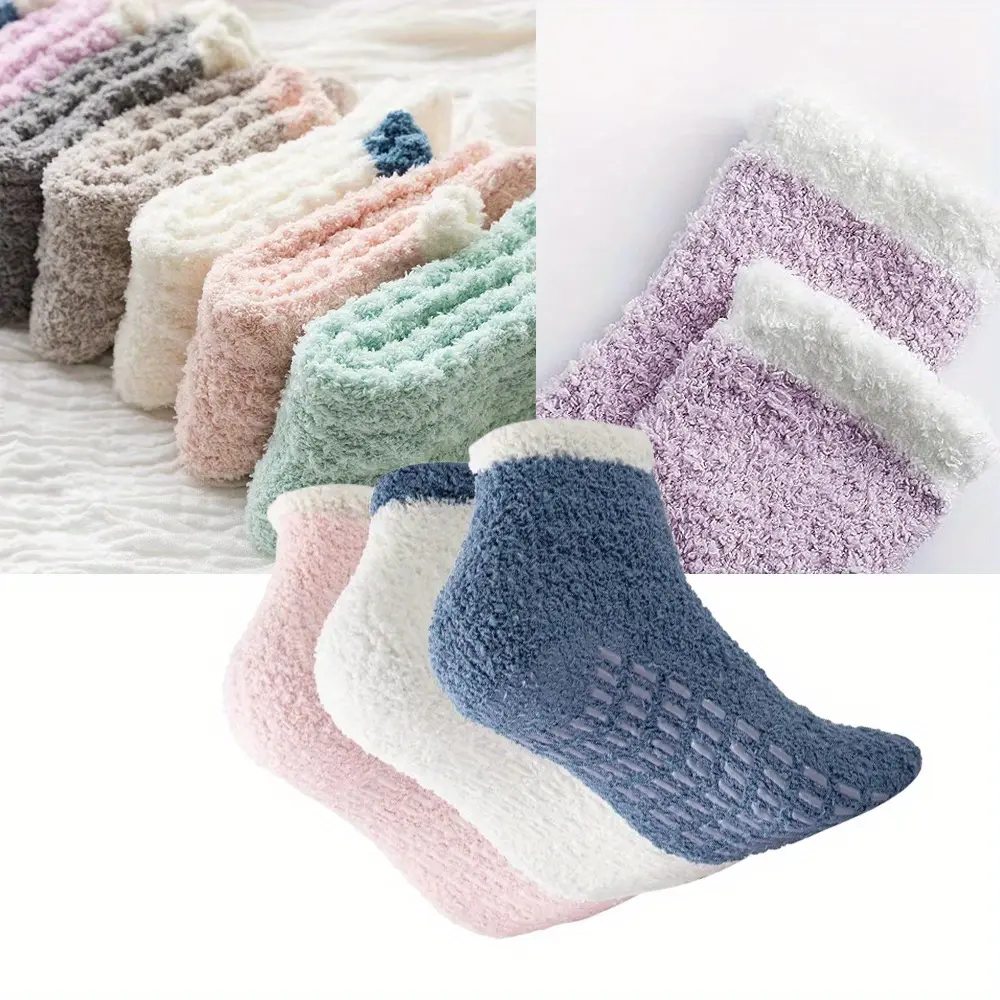 Women's Cozy Slipper Socks, 3-Pair Fluffy Solid Color Polyester Set with Non-Slip Grips for Yoga & Dancing, Fuzzy, Sock Set, Hospital, Birthday, Father's Day, Valentines Day, Athletic Socks, Pilate