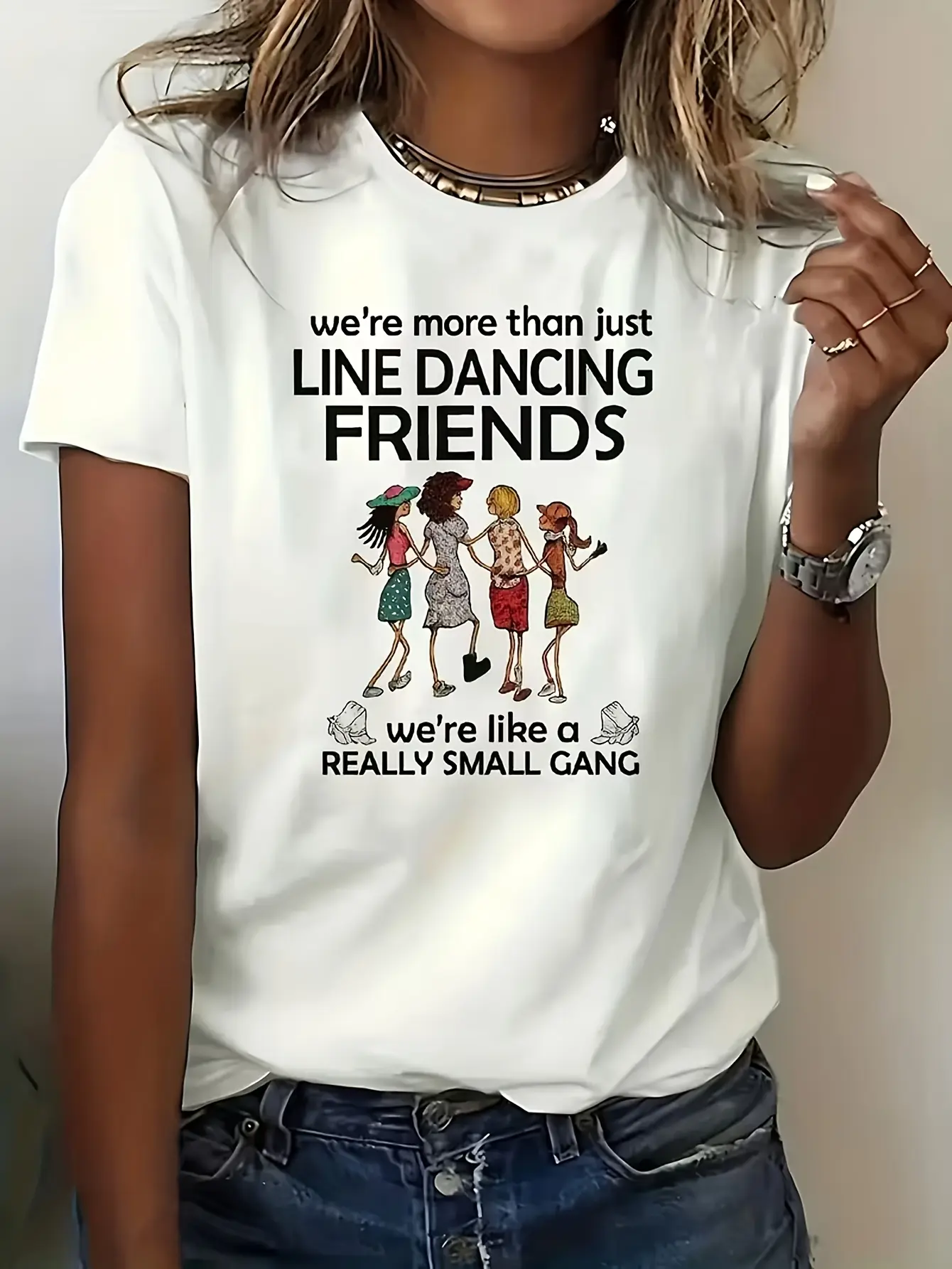 Ladies' White T-Shirt With Colorful Line Dancing Pattern |   "We'Re More Than Just Line Dancing Friends" Design Casual Crew Neck Short Sleeves Lightweight Perfect For Spring And Summer