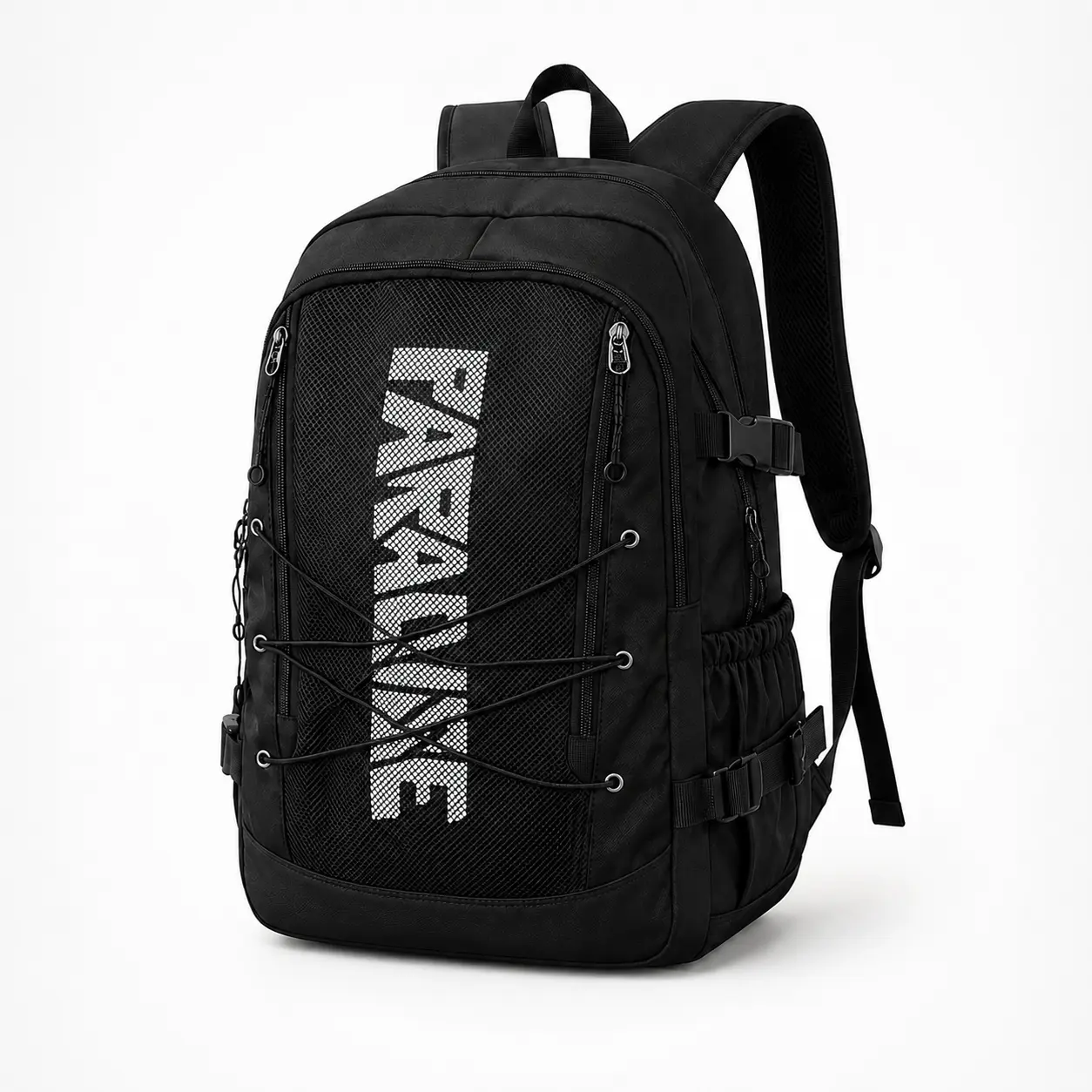 Graphic Basketball Equipment Backpack for Men-Women, Large-Capacity Casual Sports Daypack with Front Mesh Pocket, Bungee Cord Storage, Side Pockets, Adjustable Straps