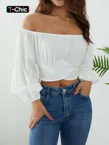 Women's Plain Cut Out Tie Back Off Shoulder Bishop Sleeve Fitted Crop Tee, Casual Long Sleeve Cropped Top for Summer, Ladies Clothes for Daily Wear