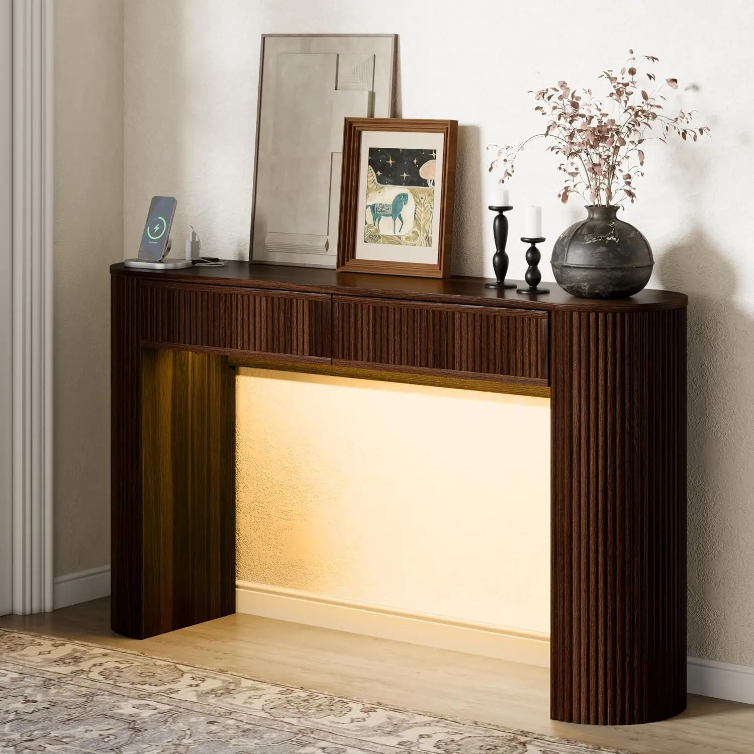 【Deals】DHH 55" Long Fluted Mid-Century Console Table with Charging Station, LED Lights, 2 Drawers & Anti-Slip Ft - Easy Fast Charging, Maximized Storage & RGB Vibe for Hallway, Living Room (Walnut)
