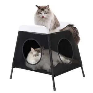 Elevated Cat House Double-Layer Foldable Indoor Hammock Bed & Cave for Multiple/Large Cats Dogs Bunnies Breathable Summer Hideaway with Detachable Removable Cover