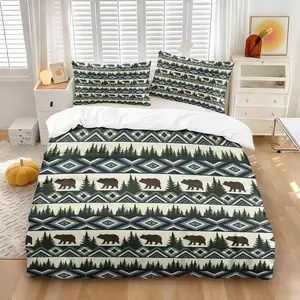 Woodland Bear Aztec Duvet Cover Set - 1 Duvet Cover + 2 Pillowcases, Soft & Cozy All Season Bedding, Rustic Cabin Pine Tree Southwestern Tribal Print Comforter Cover, Microfiber Bed Linens for Men Boys Bedroom Decor