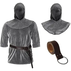 Medieval Knight Imitative Chain Mail Costume, Renaissance Armor Shirt with Hood and Belt, Gray