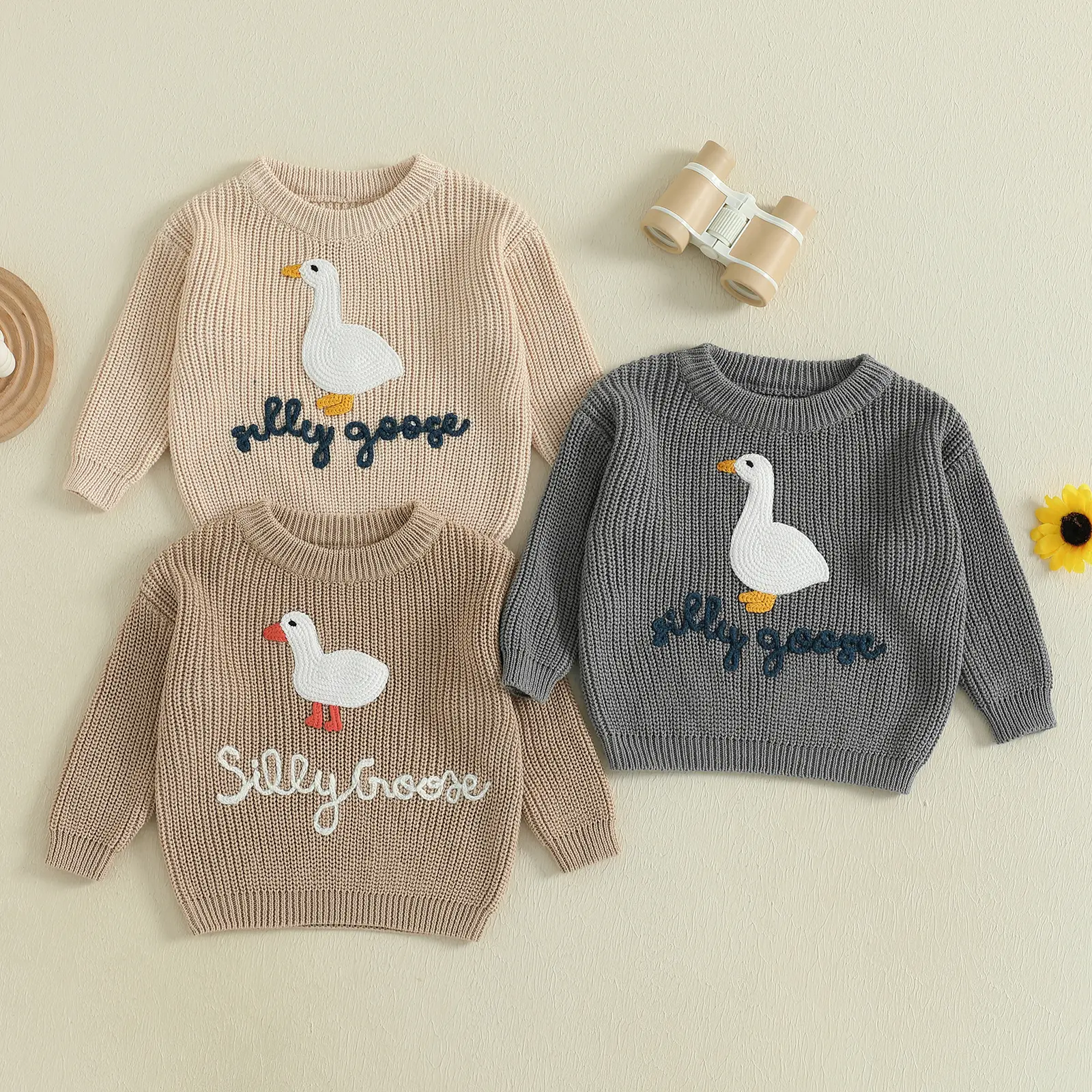 Canrulo Toddler Baby Boy Girl Sweater Long Sleeve Crewneck Goose Letter Embroidered Jumper Knit Sweatshirt Warm Knitted Pullovers Tops Chunky Knitwear for Fall Winter