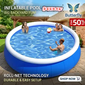 Inflatable Swimming Pool 366x76cm Butterfly Pattern Coil Mesh Pool, Durable Thickened Outdoor Inflatable Pool for Backyard, Patio, Garden, Large Above Ground Pool for Kids & Adults Summer Water Play Activities