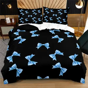 Background Bow Bedding Set, Blue Bows, Elegant Bedroom Decor Gift, Includes 1 Fitted Sheet & Pillowcases, No Comforter Included, Soft Bedding Sets