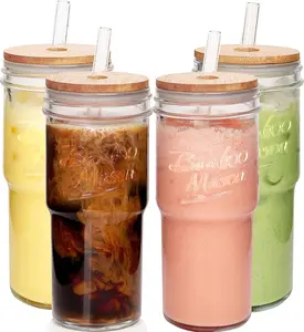 ANOTION  Glass Cups with Lids and Straws 4 Packs, 24oz Travel Coffee Mug Wide Mouth Mason Jar Iced Boba Cute Water Cups Drinking Jars Glasses Bamboo Drinkware  Set Tumbler Water Bottles