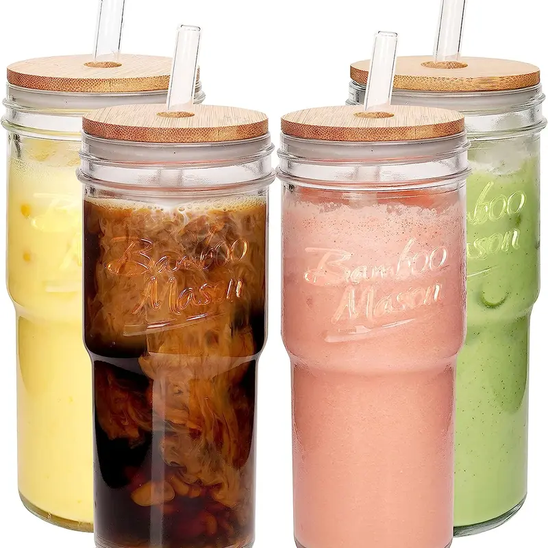 ANOTION Glass Cups with Lids and Straws 4 Packs, 24oz Travel Coffee Mug Wide Mouth Mason Jar Iced Boba Cute Water Cups Drinking Jars Glasses Bamboo Drinkware Set Tumbler Water Bottles