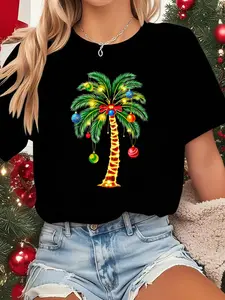 100% cotton women Christmas Palm Tree Hawaiian Xmas T-Shirt Print Round Neck Short Sleeve Streetwear Fashion Breathable Soft Unisex Designer Clothes For Women Casual Clothes