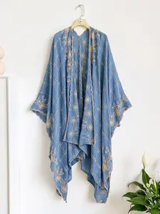 Plaid Floral Embroidered Split Scarf, Loose-Fitting Boho Style, All Seasons Wear, Perfect for Beach, Commute, Dates, Flattering Fit
