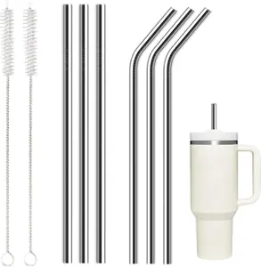 6 Pack Stainless Steel Straw Replacement 40oz or 30oz for Stanley Tumbler，3 Straight +3 Curved Reusable Metal Straws with 2 Cleaning Brush Compatible with Stanley 40oz Stanley Cup Tumbler