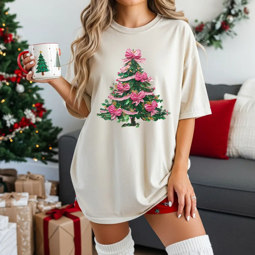 Painted Christmas Tree Comfort Colors Tee, Preppy Holiday Shirt, Vintage Pink Christmas Top, O Come Let Us Adore Him