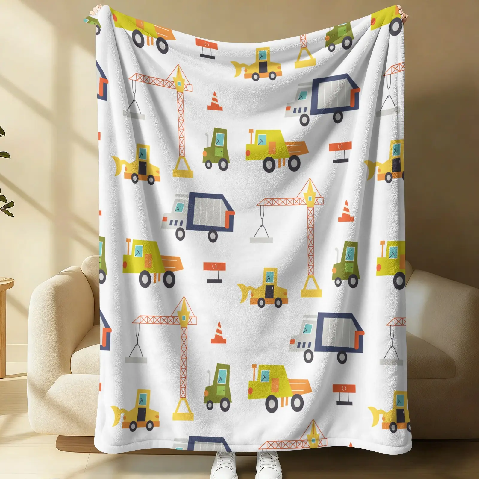 Cartoon Construction Vehicle Print Flannel Blanket, White Color, Eexcavators Dump Trucks & Concrete Mixer Trucks, Comfortable Warm, Soft Lightweight, All Seasons, Bed Soft Office Camping Throw, Kids Gift