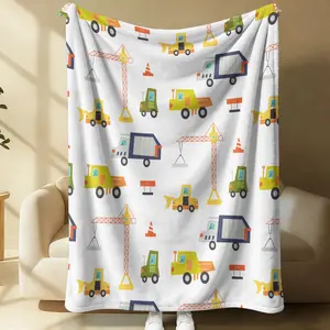 Cartoon Construction Vehicle Print Flannel Blanket, White Color, Eexcavators Dump Trucks & Concrete Mixer Trucks, Comfortable Warm, Soft Lightweight, All Seasons, Bed Soft Office Camping Throw, Kids Gift
