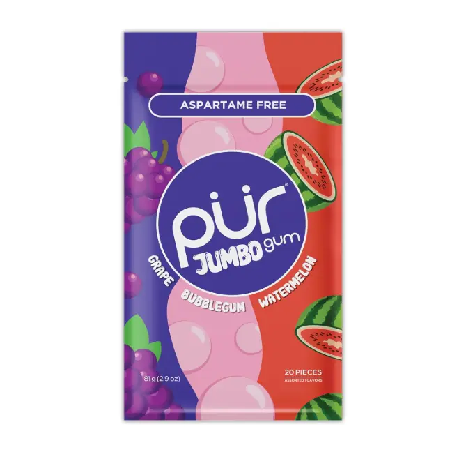 PUR Jumbo Gum, Grape, Bubblegum, Watermelon, Xylitol Gum, 20 Count | No Artificial Sweeteners or flavors, Sugar free, Aspartame free, Vegan, Gluten Free, Fun fruit candy flavor chewing gum