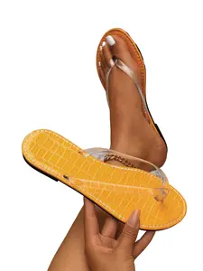 Women's fashionable outdoor sandals, transparent flip-flops, comfortable flat summer beach sandals, non-slip vacation slippers, perfect for pairing with poolside and resort wear, Fashionable Pu Slides, Pu Leather Sandals, Footwear